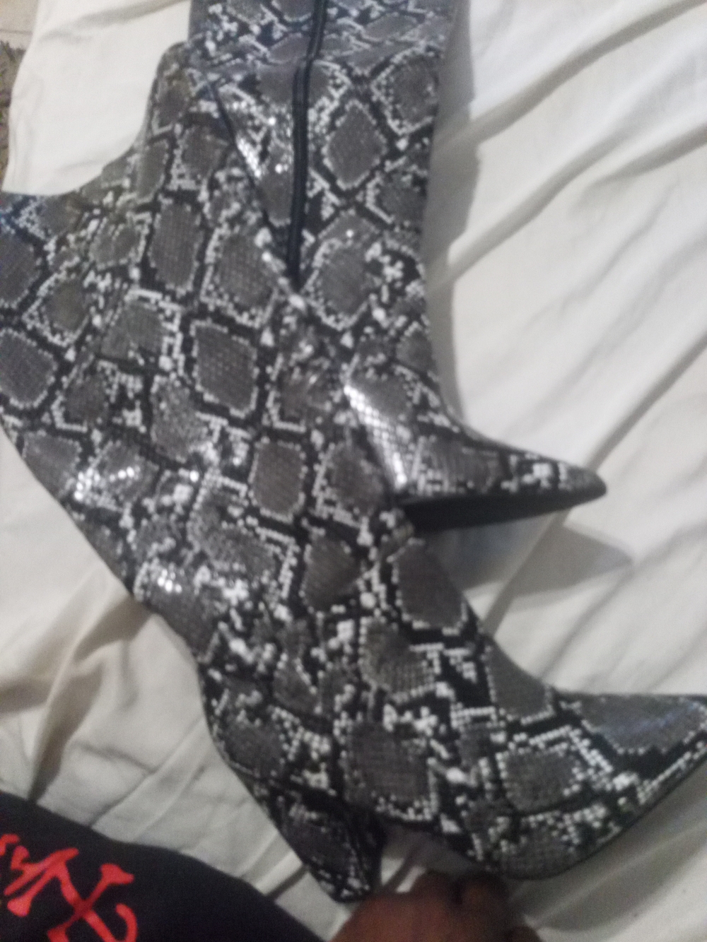 Fashion Nova Snake-Print Pointed Toe Heeled Boots - Black Gray